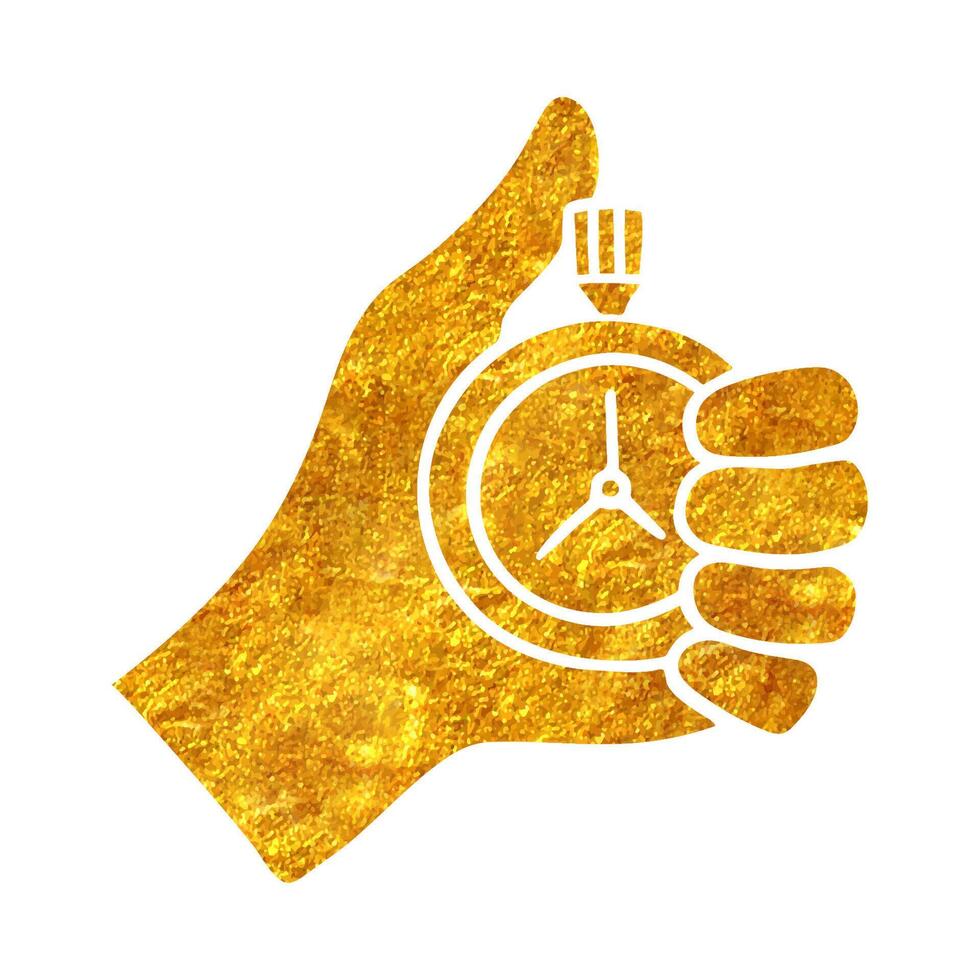 Hand drawn hand holding stopwatch icon in gold foil texture vector illustration