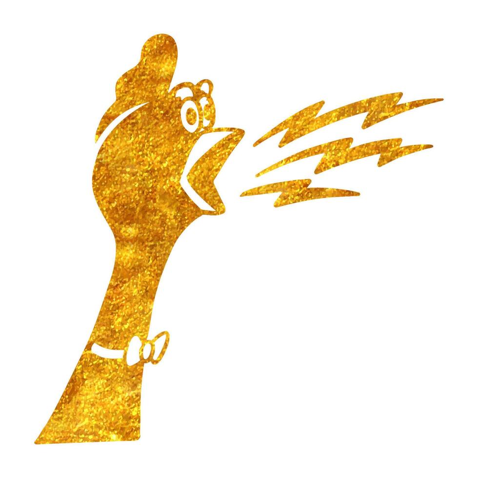 Hand drawn shouting chicken in gold foil texture vector illustration