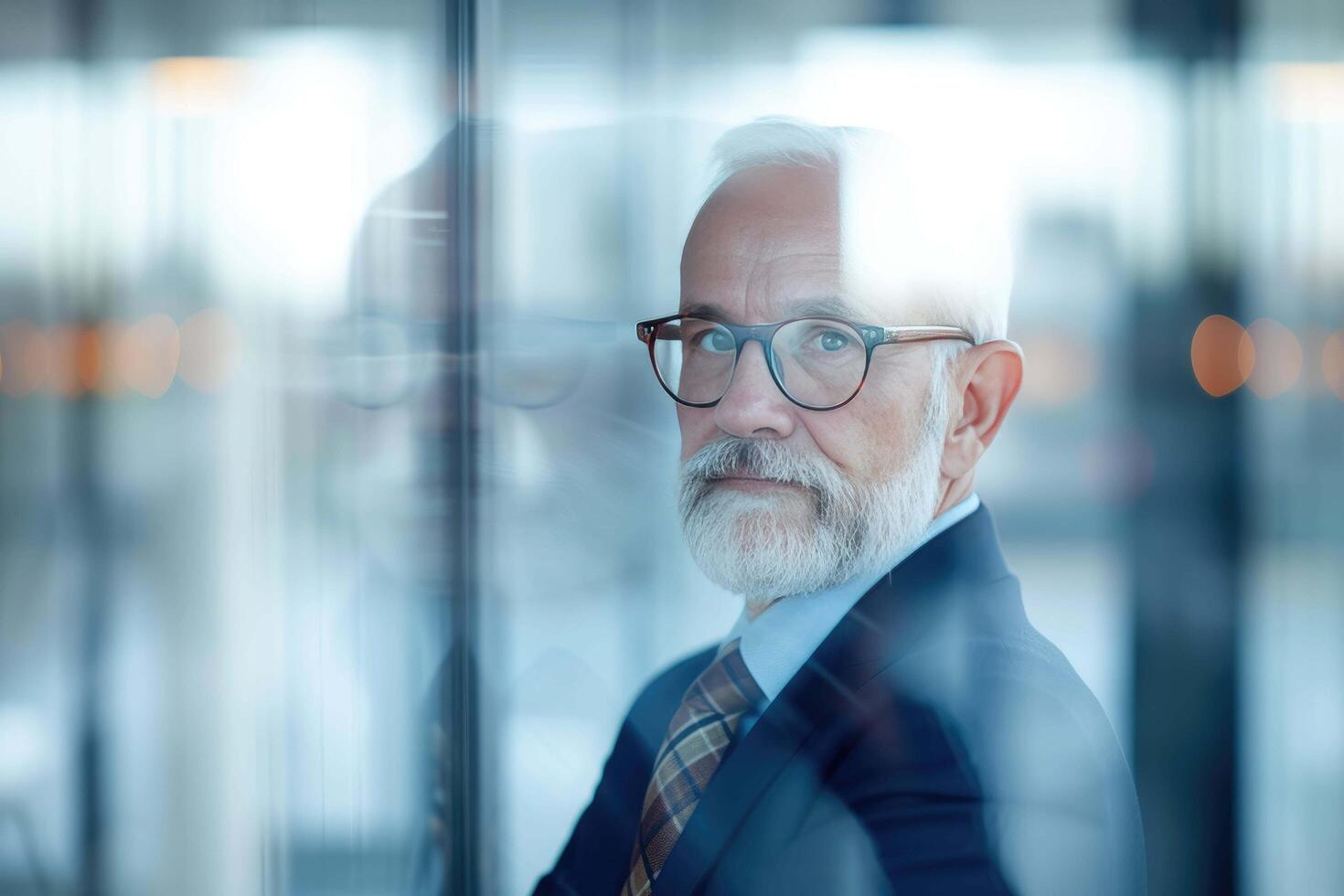 ai generado un más viejo hombre con lentes y un barba en pie en frente de un vaso pared foto