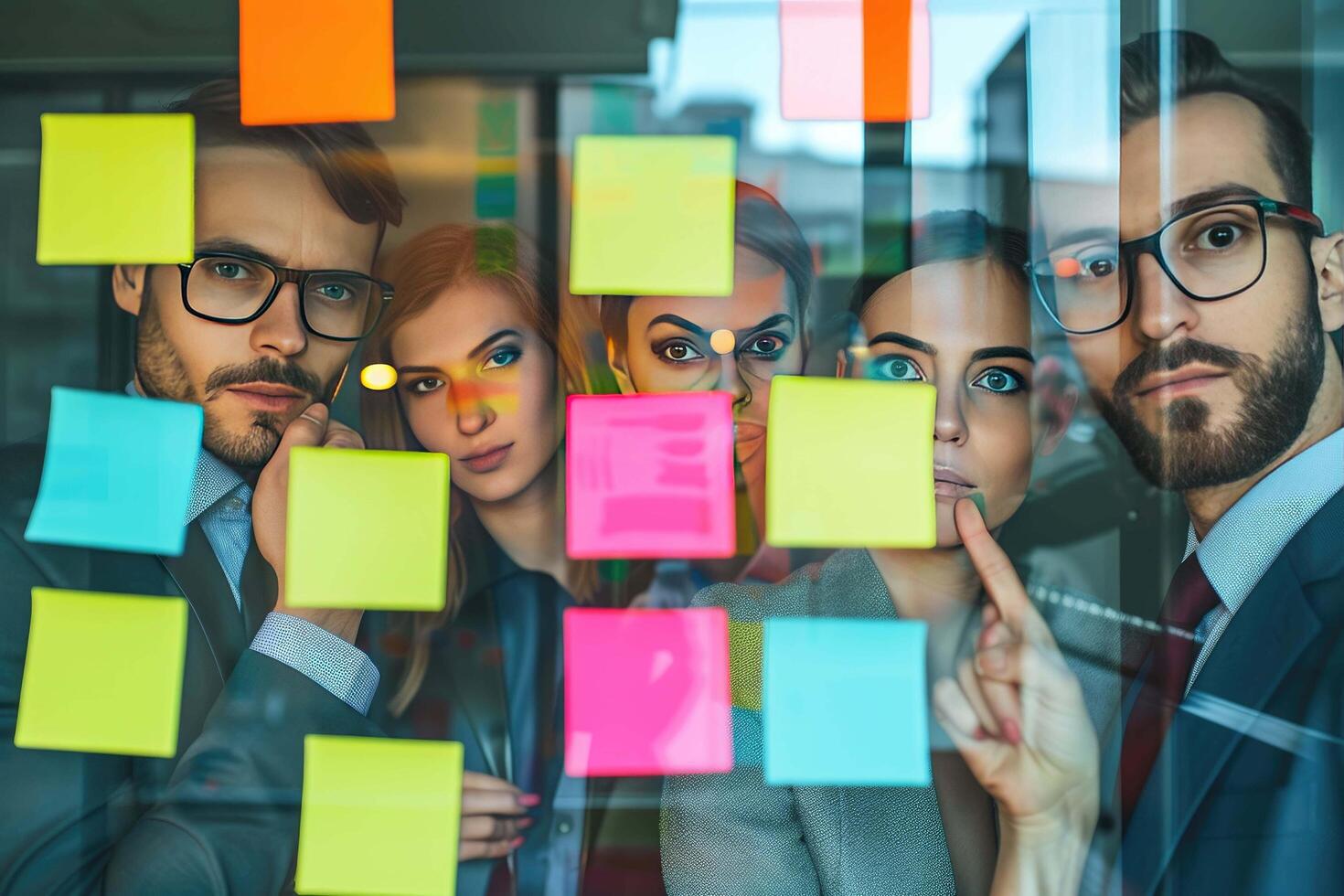 AI generated business people looking at sticky notes on glass wall photo