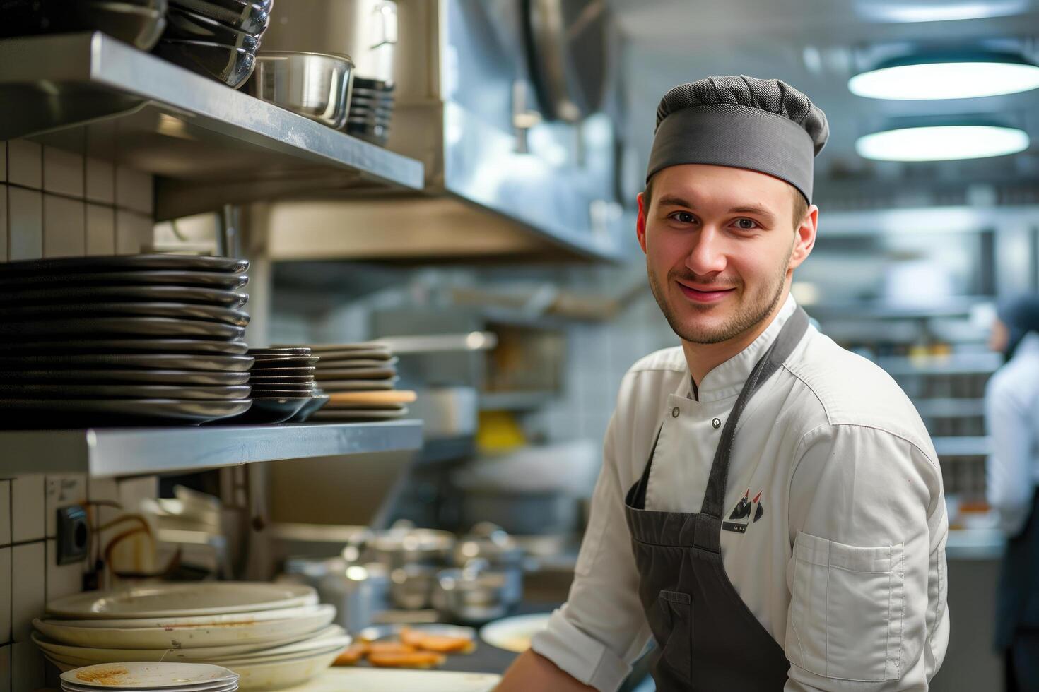 AI generated a male chef standing in a commercial kitchen photo