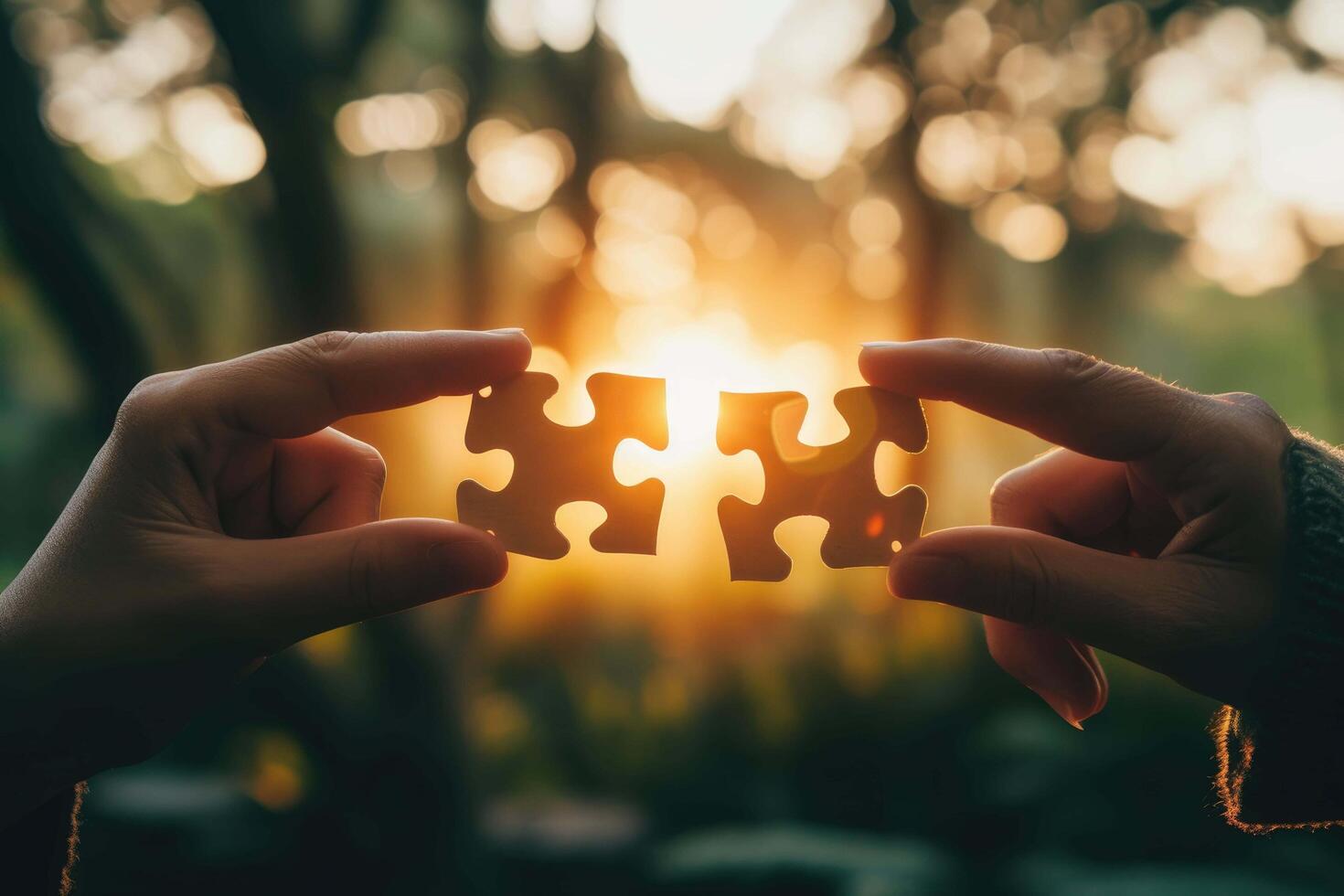 AI generated Teamwork Concept with Hands Joining Puzzle Pieces at Sunset photo