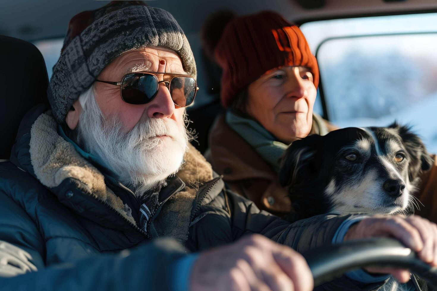 AI generated a man and woman in a car with a dog photo