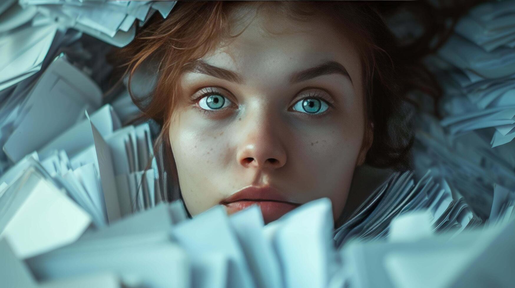 AI generated Overwhelmed by Paperwork ,A Young Woman Amidst a Pile of Documents photo