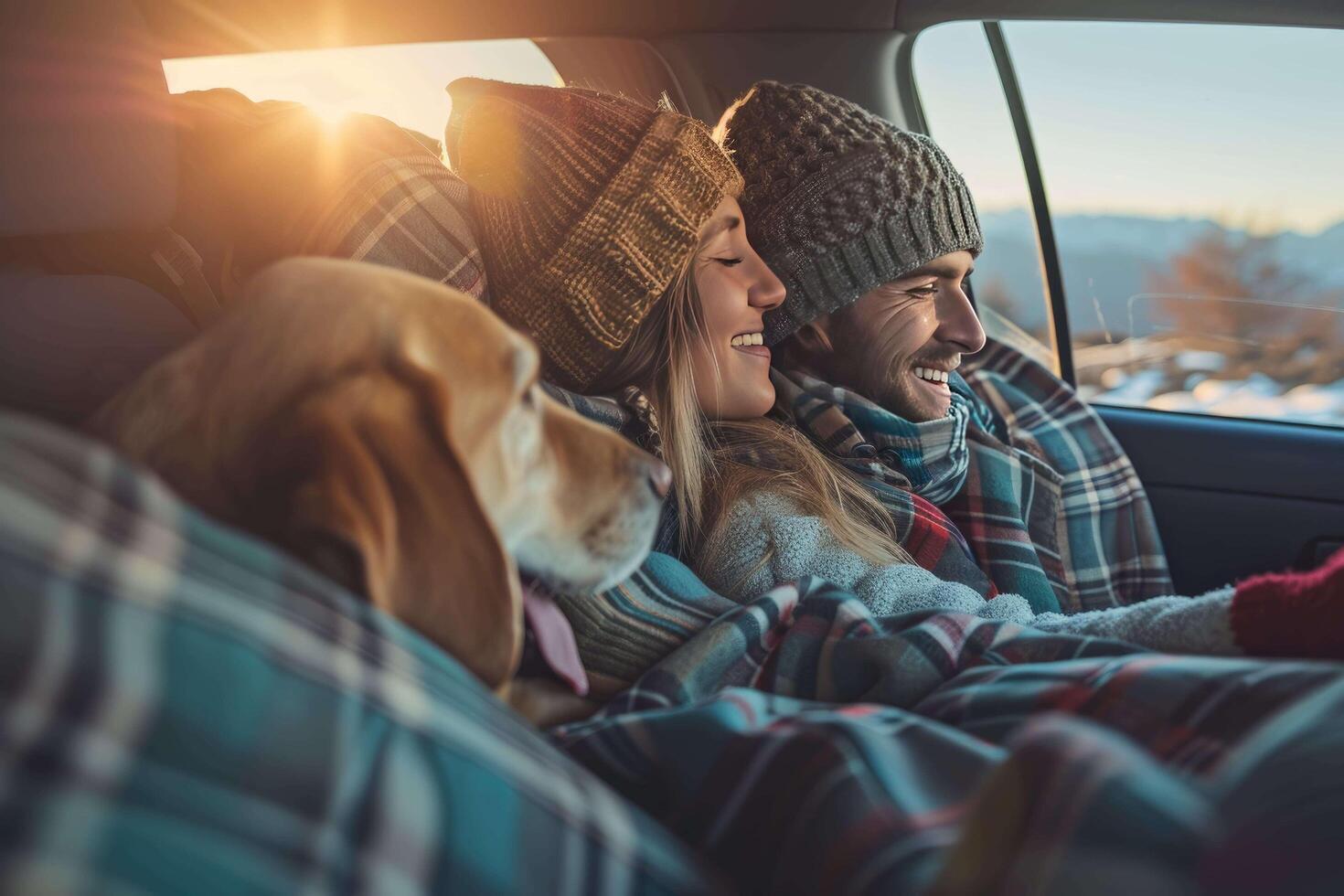 AI generated a man and woman in a car with a dog photo