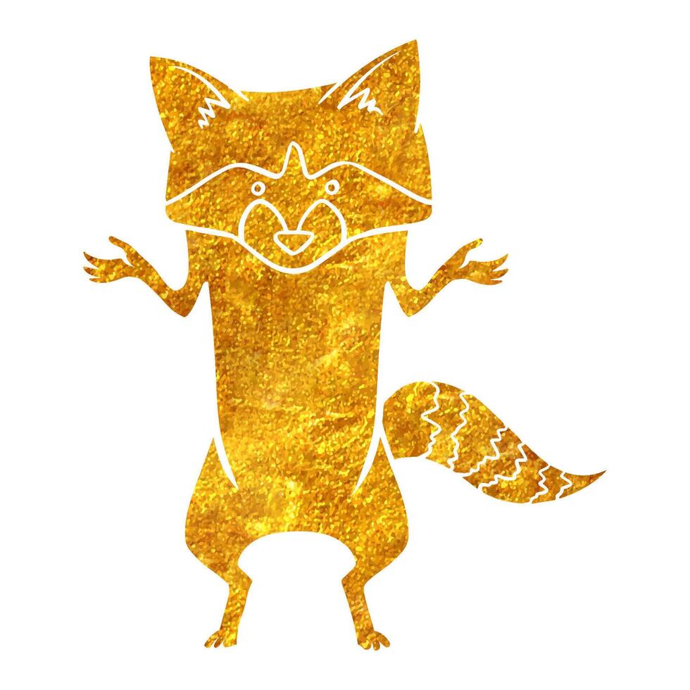 Hand drawn gold foil texture confused raccoon. Vector illustration.