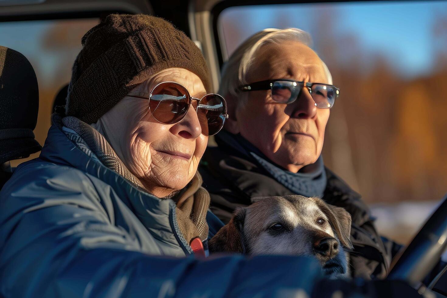 AI generated a man and woman in a car with a dog photo