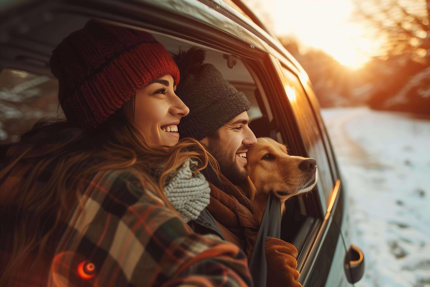 AI generated a man and woman in a car with a dog photo