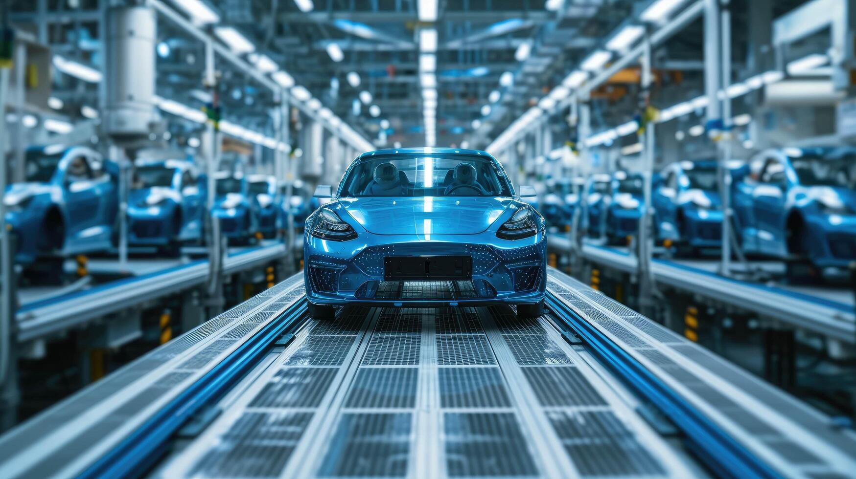 AI generated a blue car is on the assembly line in an assembly plant photo