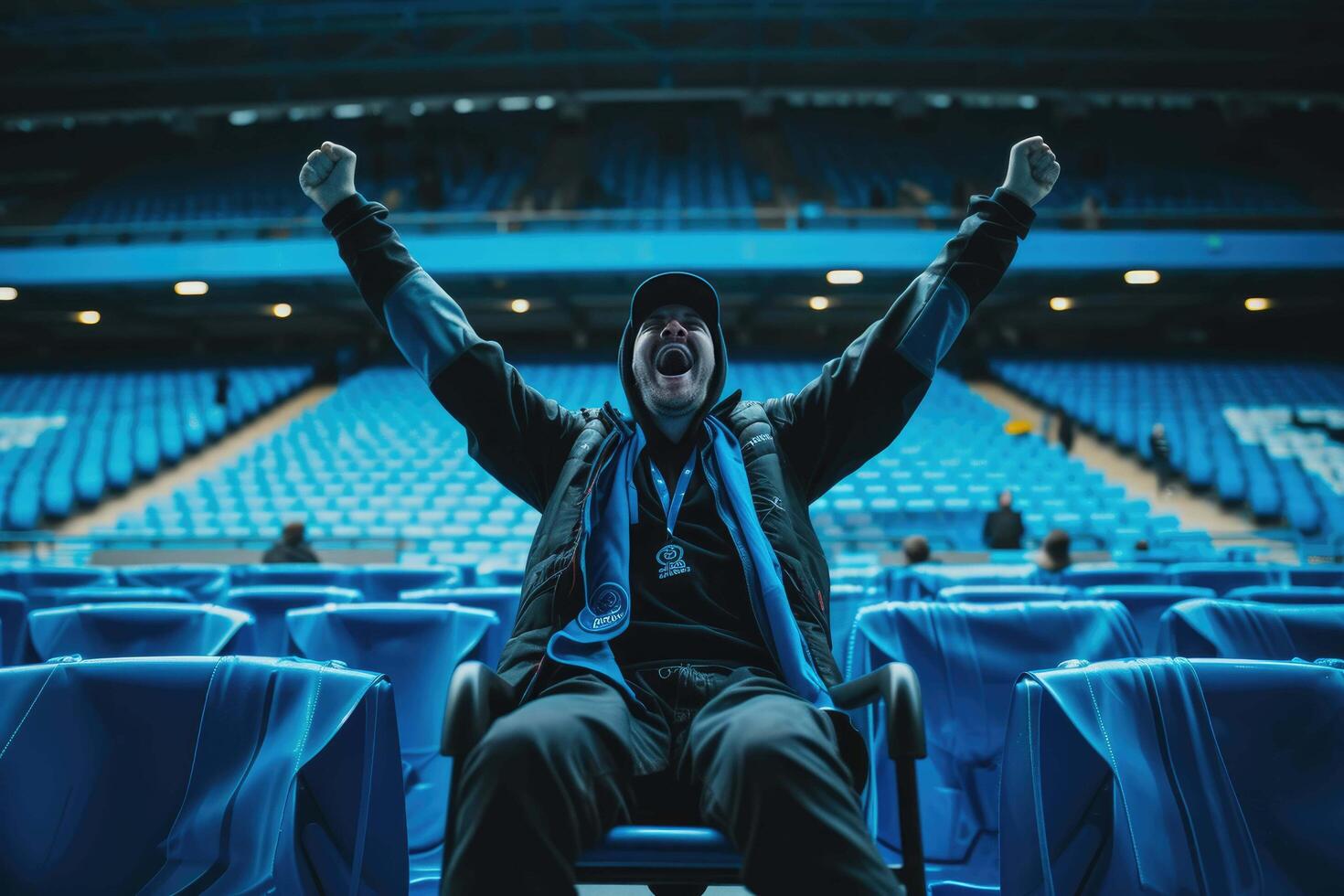 ai generado un hombre en un azul chaqueta es aplausos en un estadio foto