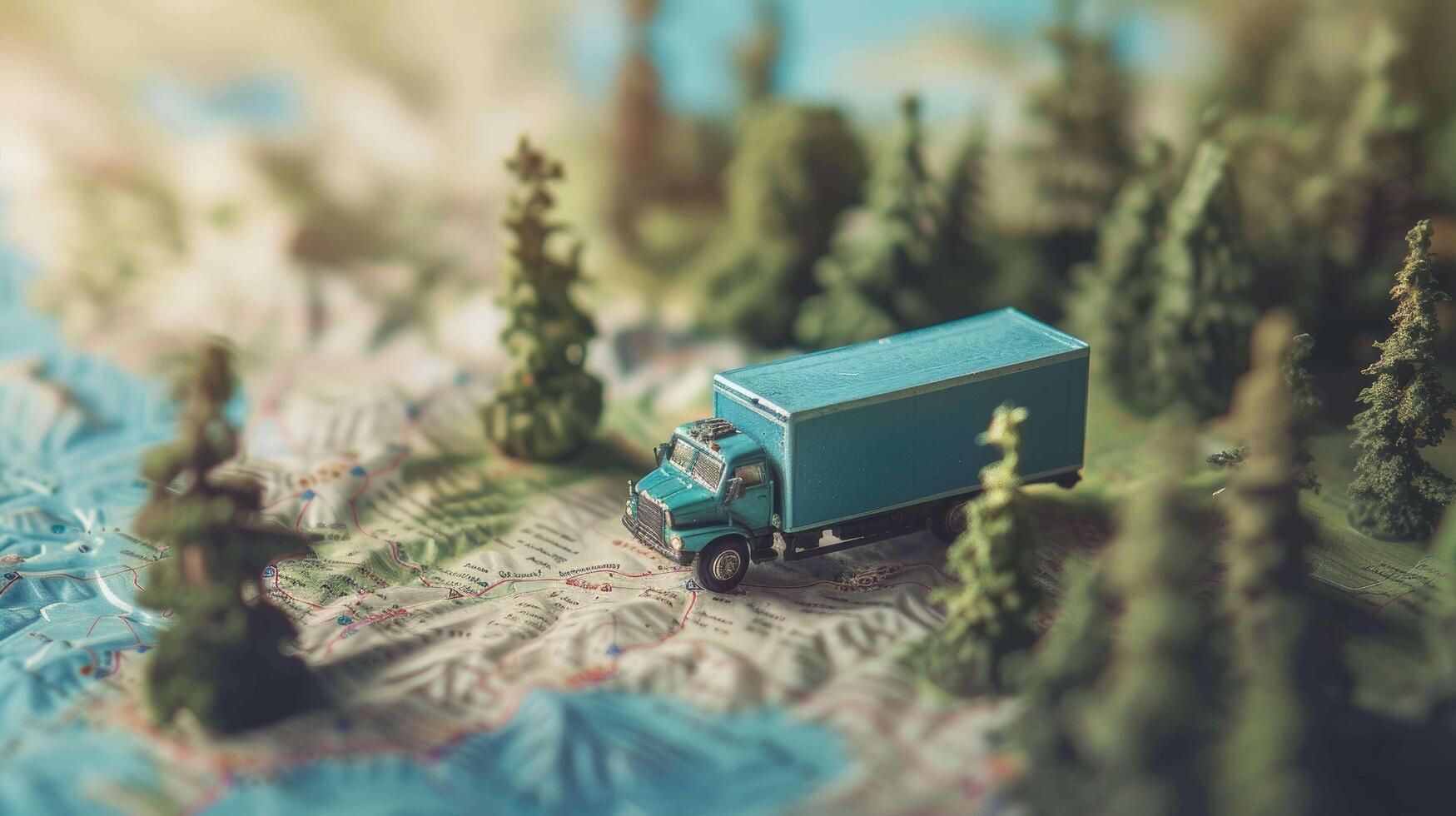 AI generated Miniature Blue Truck on a Road Through Autumnal Forest - Logistics and Seasonal Travel Concept photo