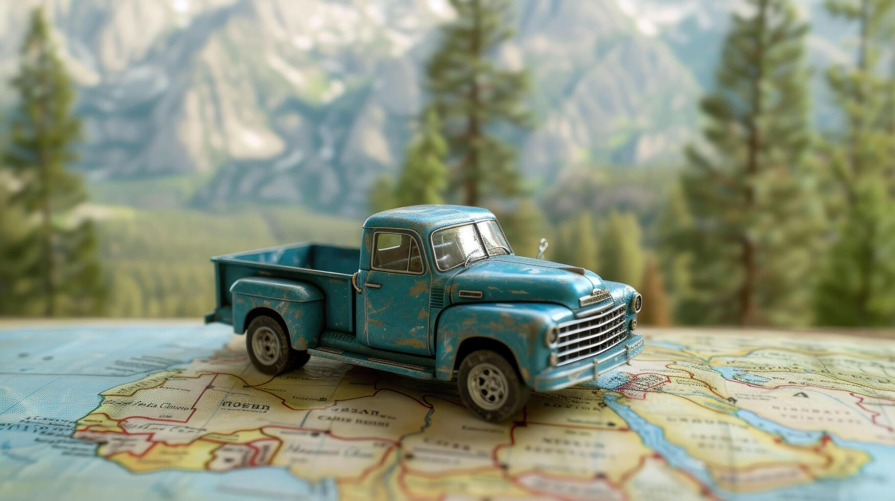 AI generated Vintage Blue Pickup Truck Model on a Colorful Road Map - Travel and Adventure Concept photo