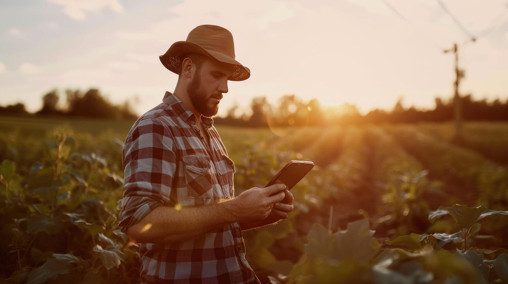 AI generated a man in a hat and plaid shirt is using a tablet in a field photo