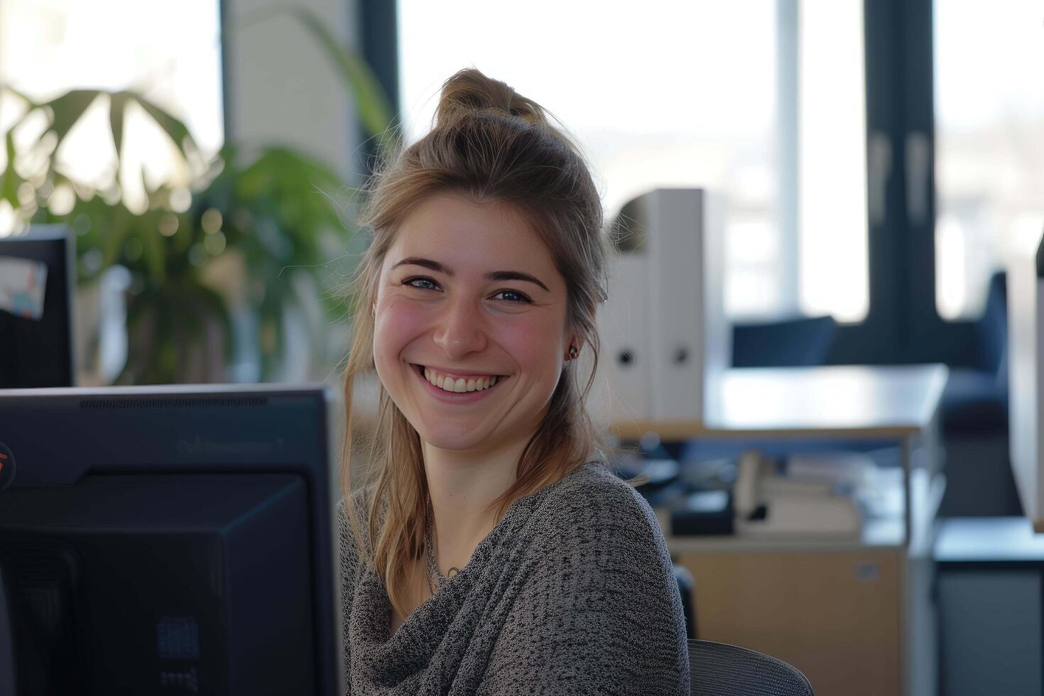 AI generated Cheerful Customer Service Representative with Headset Working at Her Computer photo