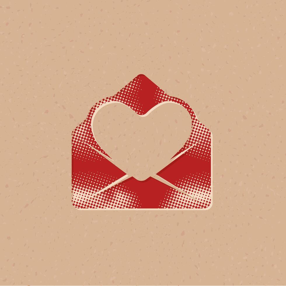 Envelope with heart halftone style icon with grunge background vector illustration