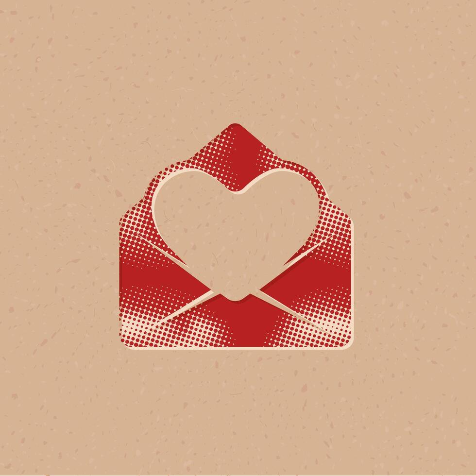 Envelope with heart halftone style icon with grunge background vector illustration