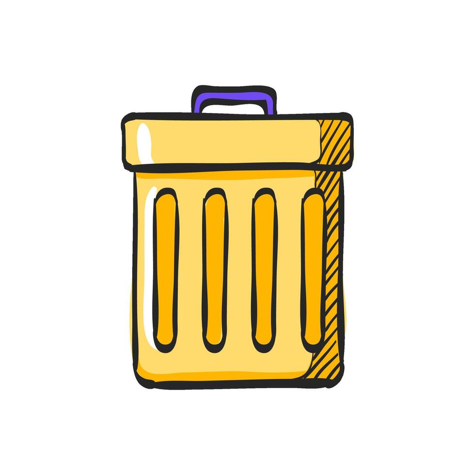 Recycle trash can icon in hand drawn color vector illustration