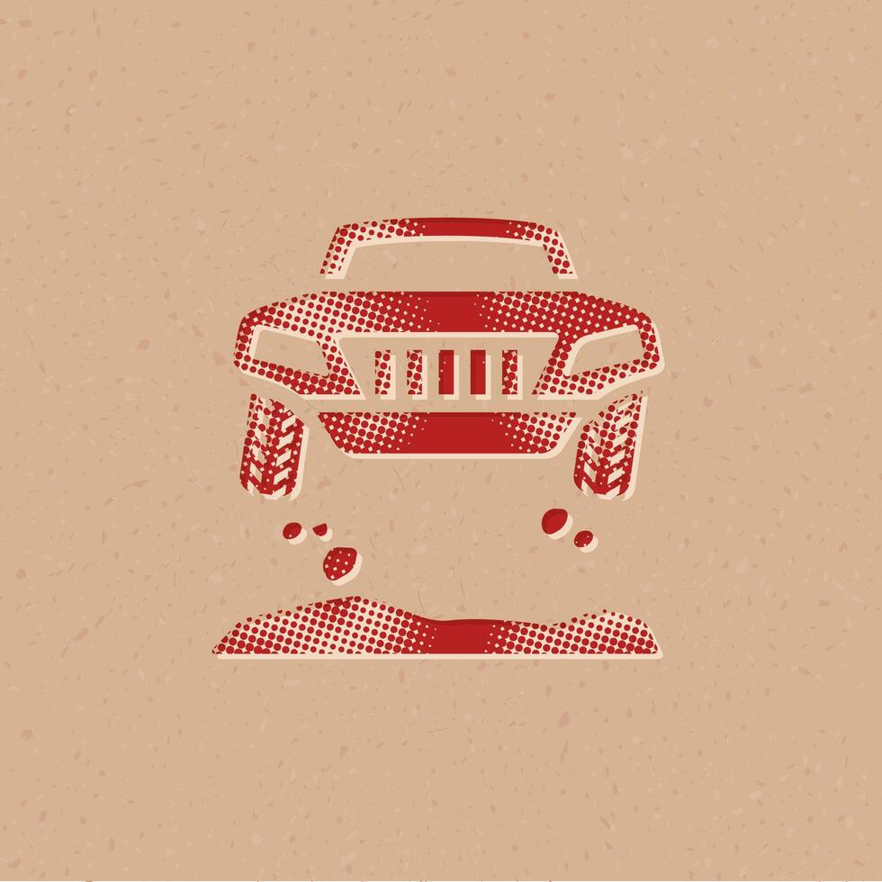 Rally car halftone style icon with grunge background vector illustration