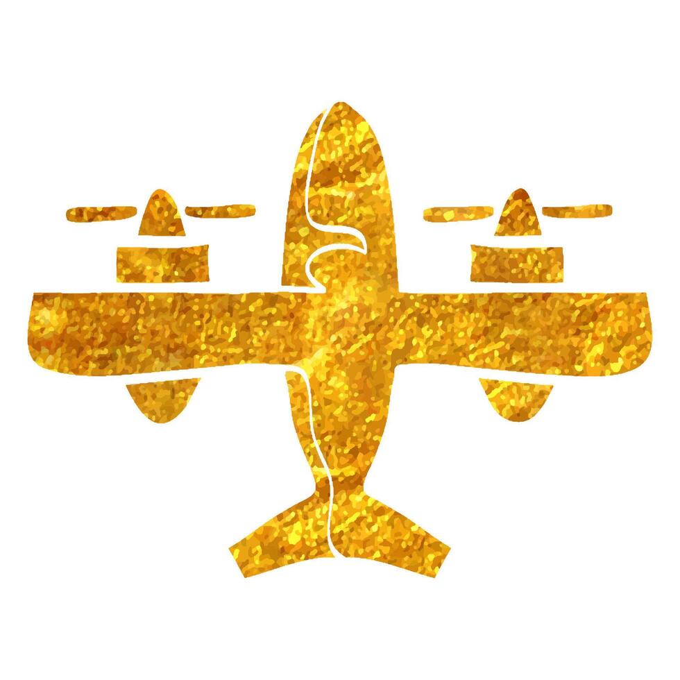 Hand drawn Vintage airplane icon in gold foil texture vector illustration