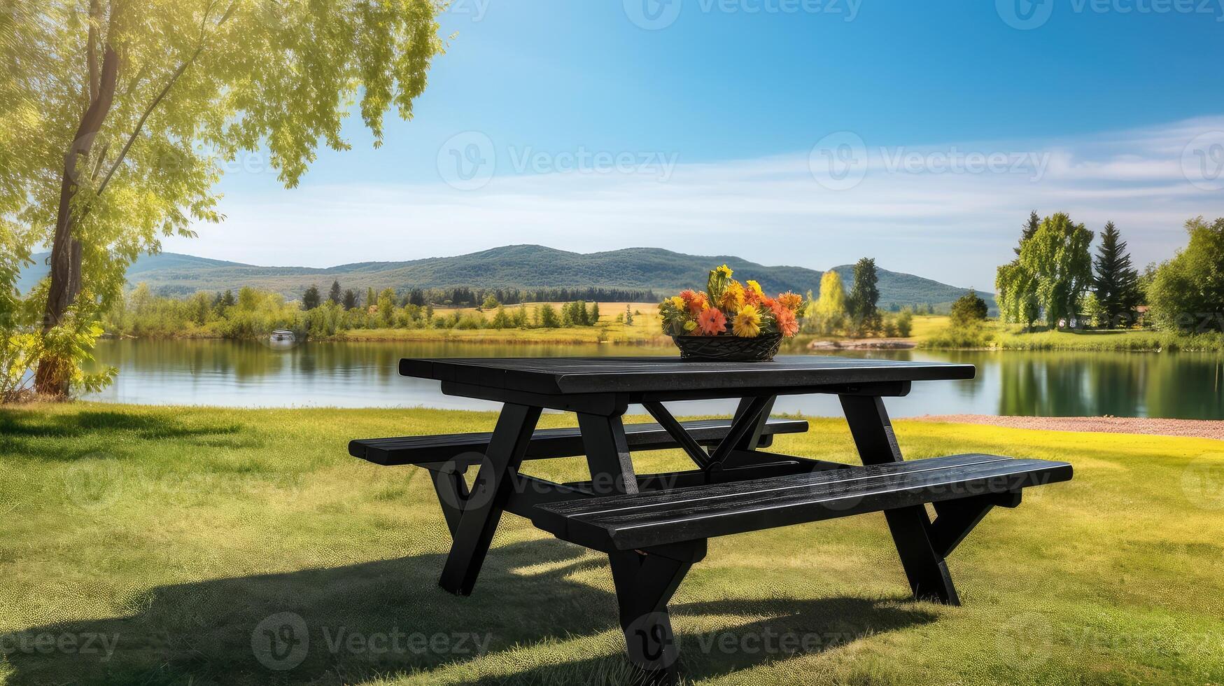 AI generated backyard black picnic table In ai generated photo