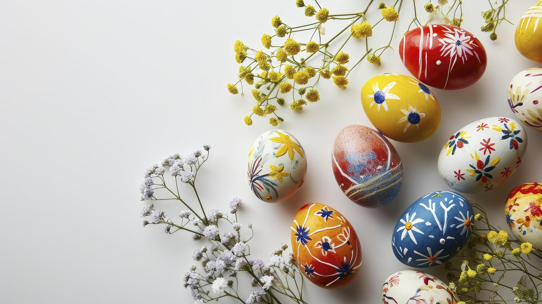 AI generated Composition Easter eggs and flowers top view on white background template banner photo