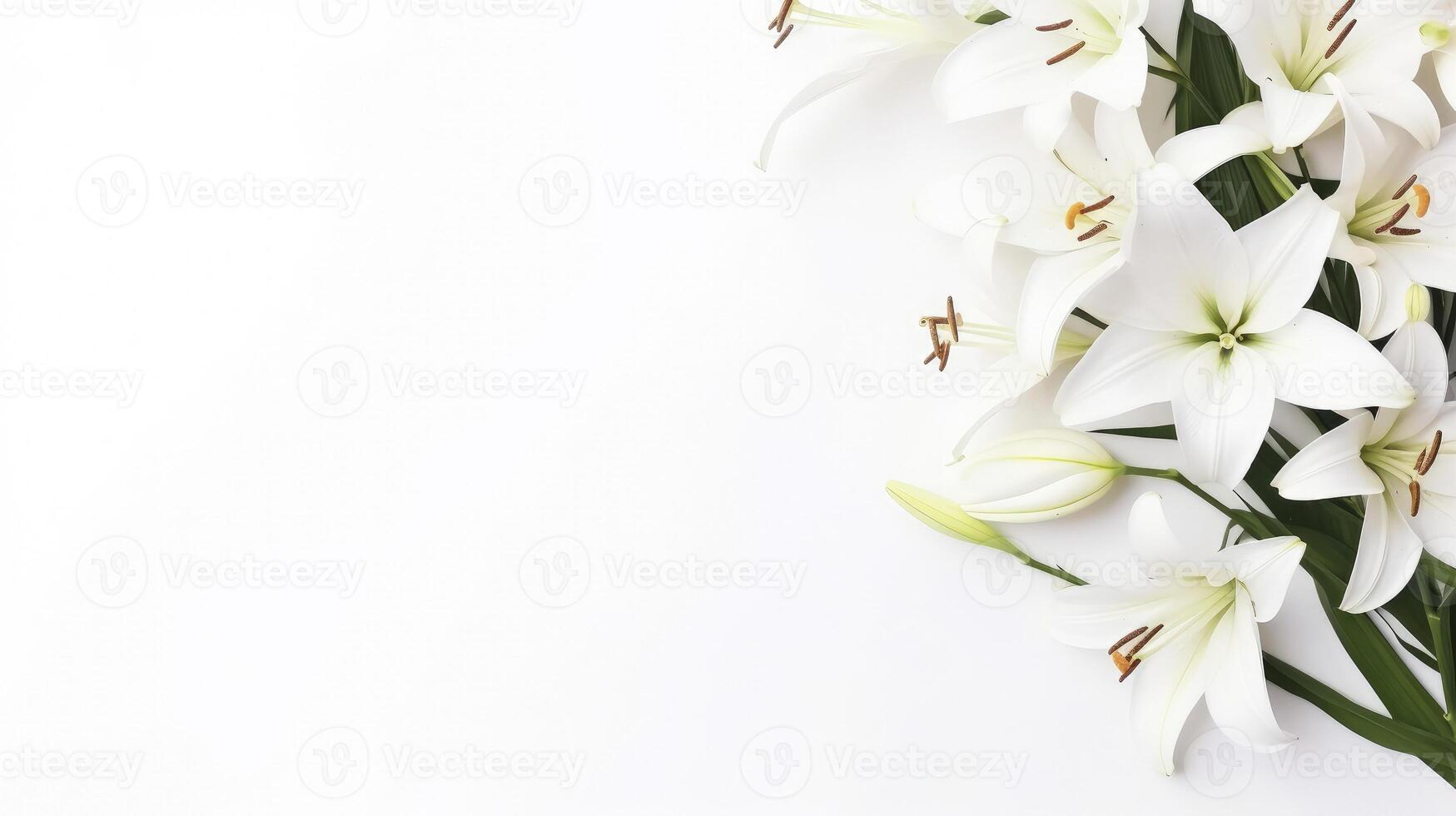 AI generated flowers white pastel lilies composition on a white background copy space template photo