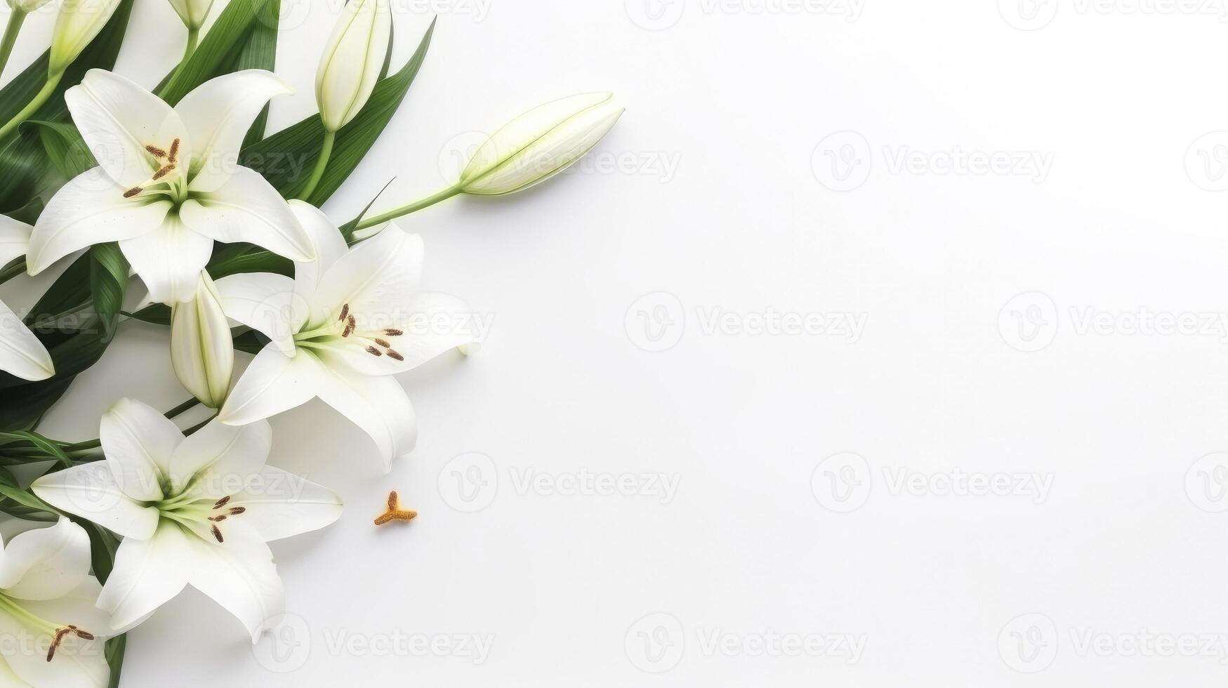 AI generated flowers white pastel lilies composition on a white background copy space template photo