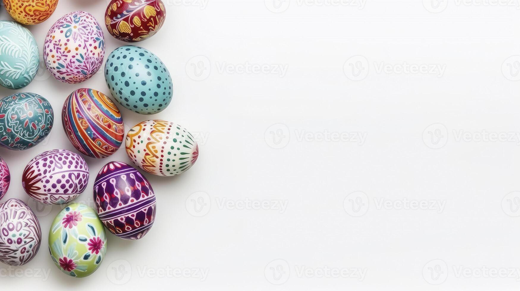 AI generated easter painted eggs and flowers top view on white background template banner place for text photo