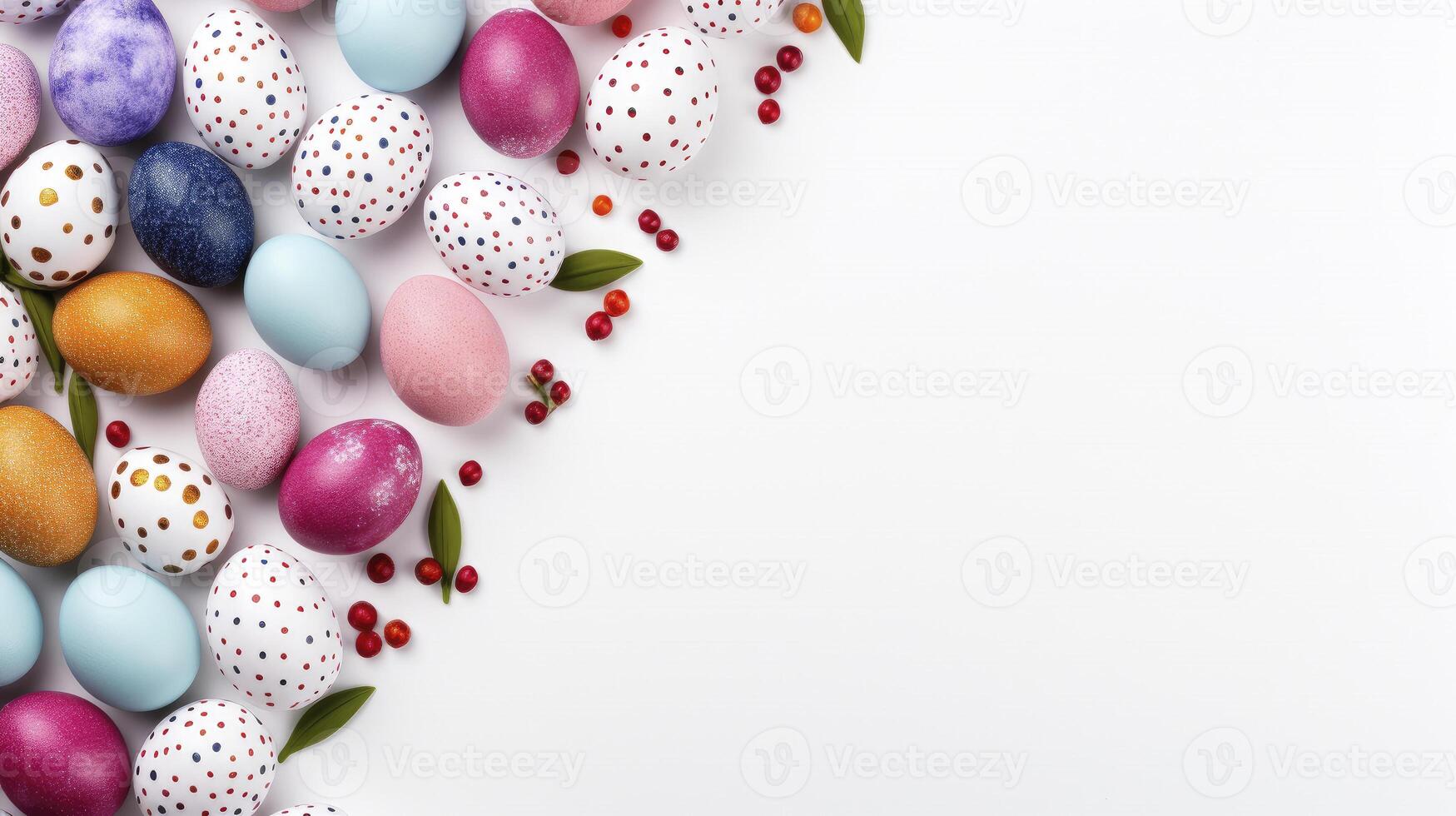 AI generated Easter eggs different top view on white background template banner photo