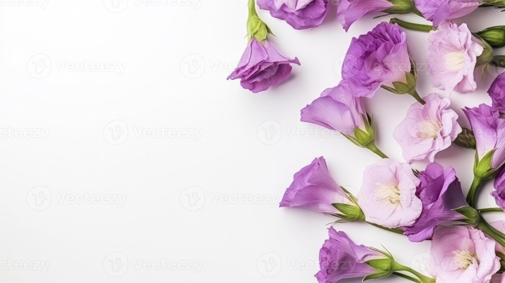 AI generated flowers purple rose and lisianthus composition on a white background copy space template photo