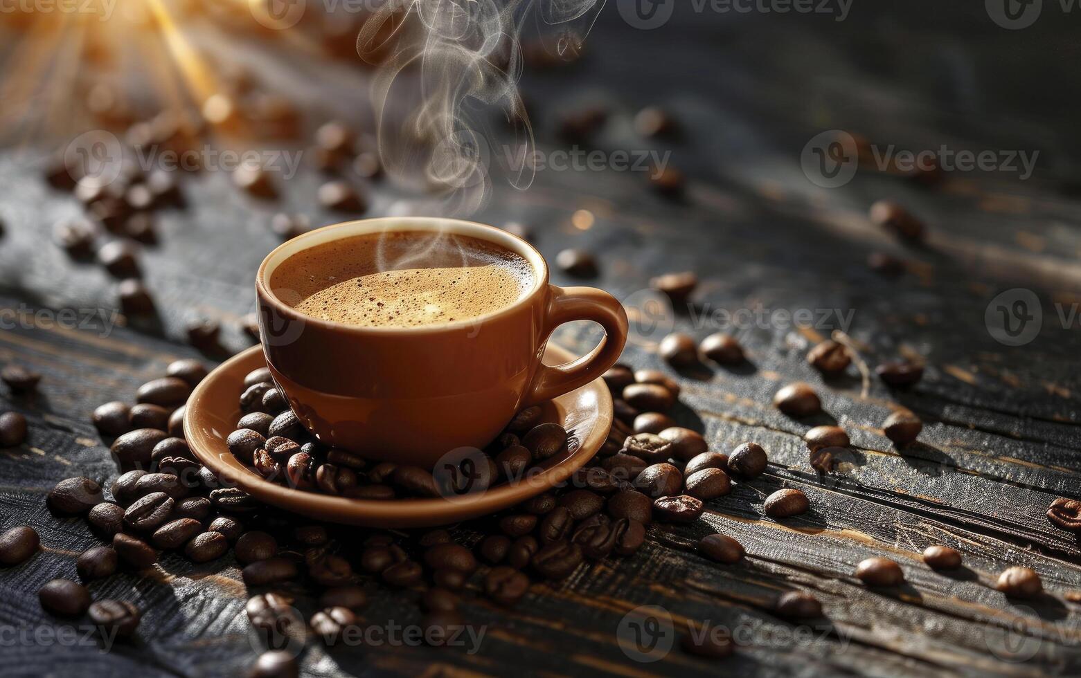 AI generated Ceramic brown cup with freshly brewed coffee with foam on a background of scattered grains photo