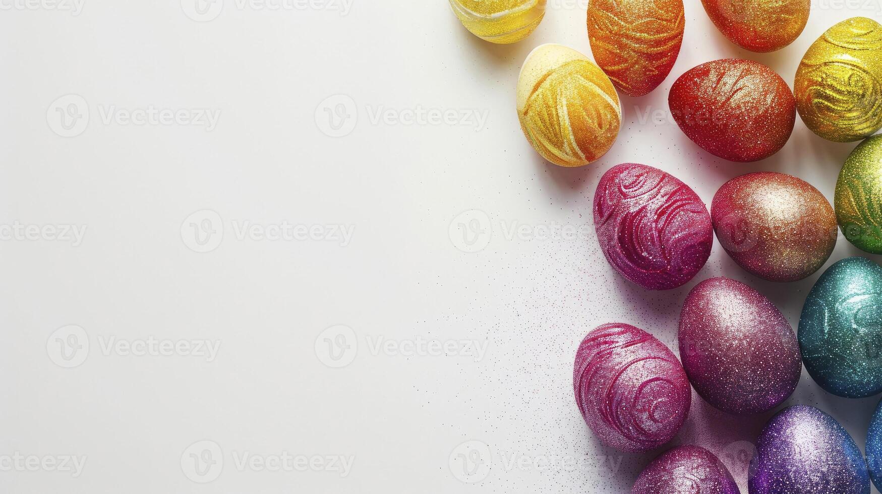 AI generated Glitter sparkling multi-colored Easter eggs on a white background copyspace photo