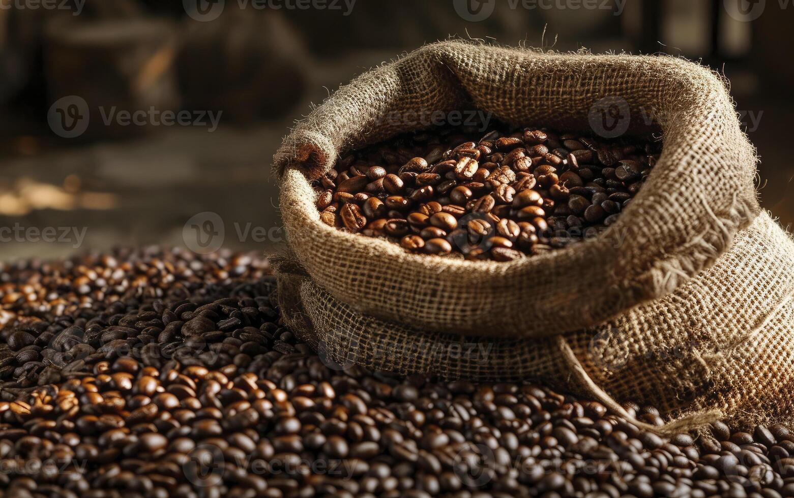 AI generated linen bag with roasted coffee beans on a background of scattered grains photo