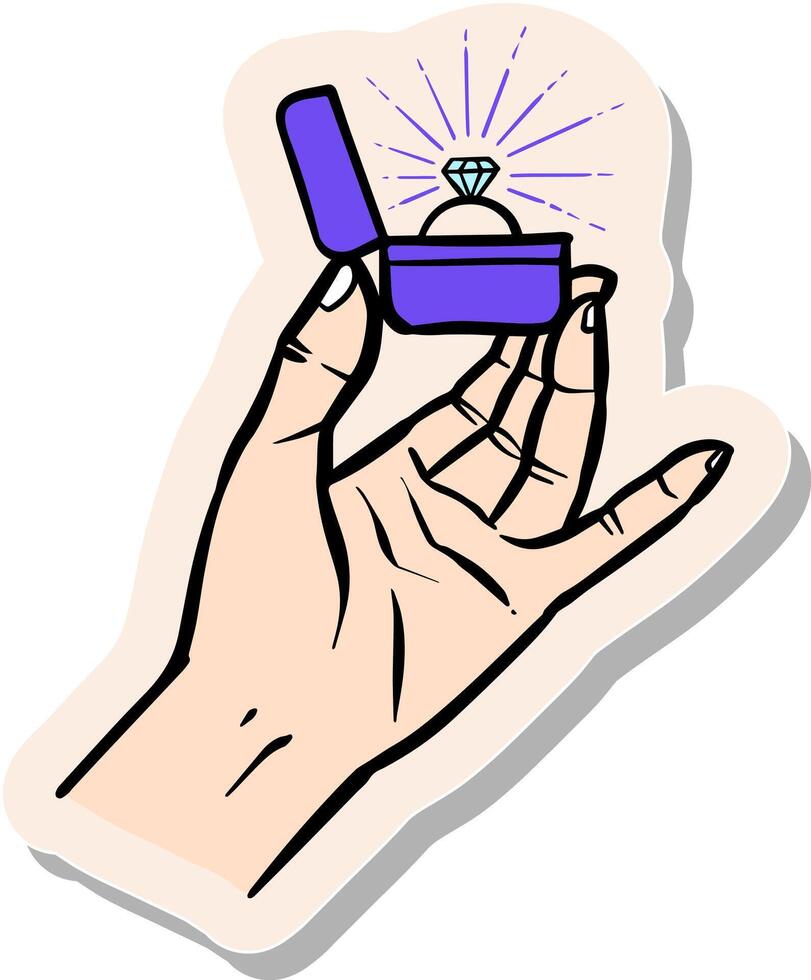 Hand drawn hand holding diamond ring box in sticker style vector illustration