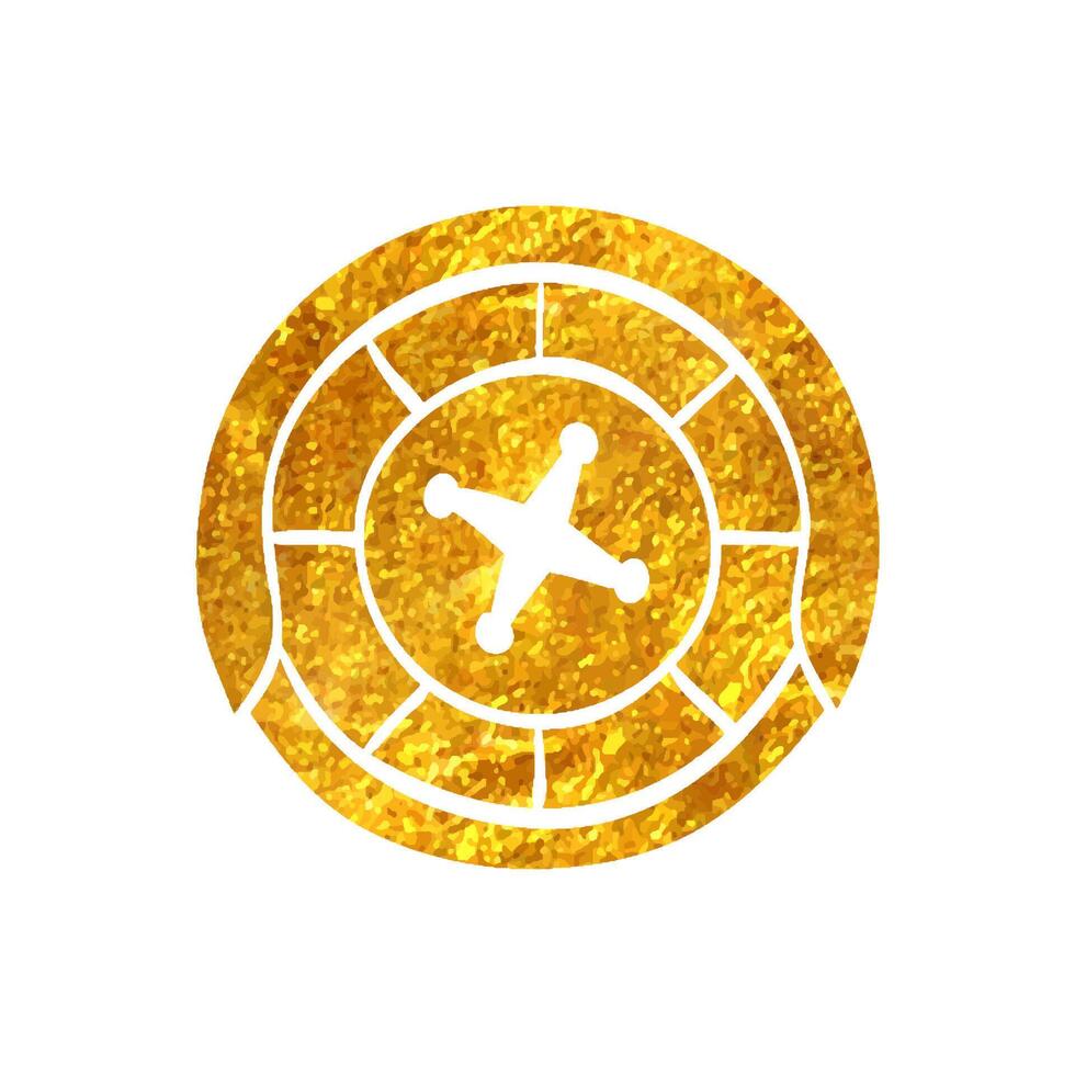 Hand drawn Roulette table icon in gold foil texture vector illustration