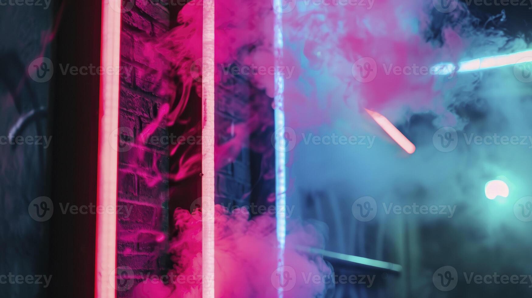 AI generated abstract background neon glow brick wall and smoke atmospheric backdrop photo