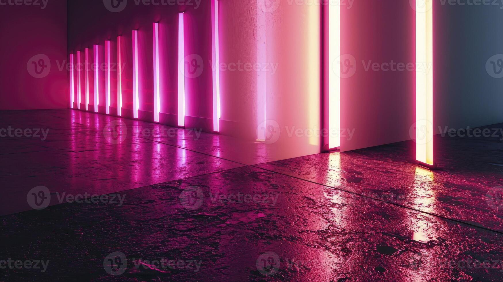 AI generated empty room wet asphalt with neon pink lighting empty walls background template layout photo