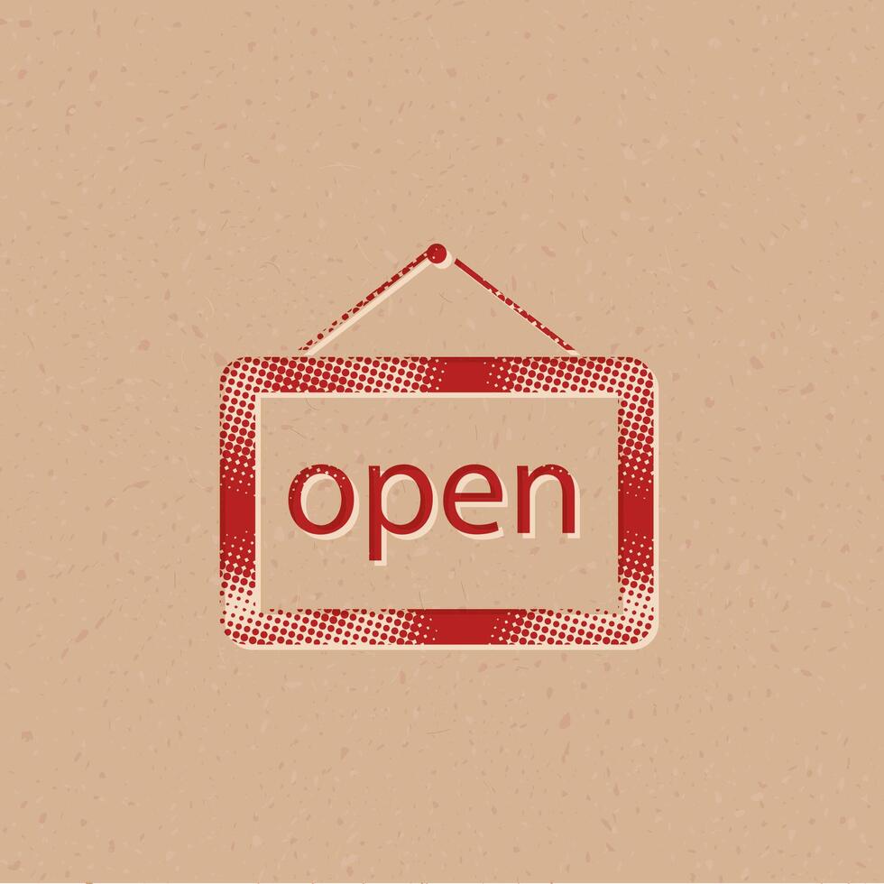 Open sign halftone style icon with grunge background vector illustration