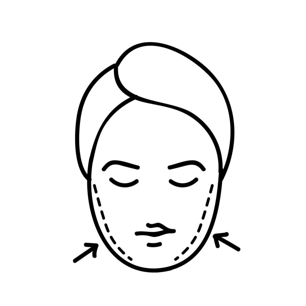 Women beauty face plastic surgery. Cheeks augmentation. Hand drawn vector illustration. Editable line stroke