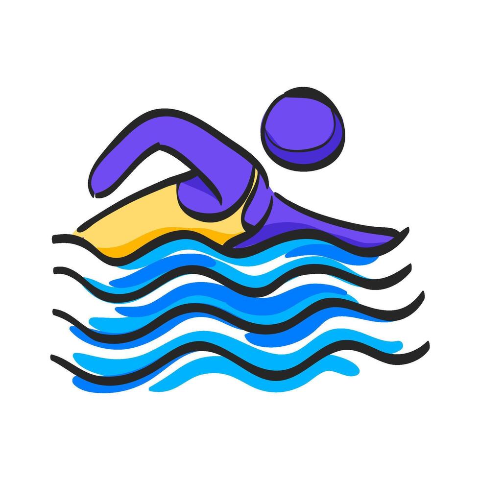 Man swimming icon in hand drawn color vector illustration