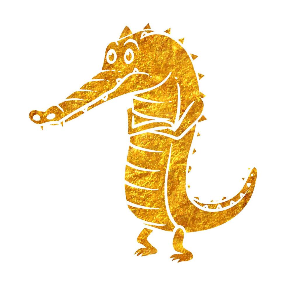 Hand drawn gold foil texture depressed alligator cartoon character. Vector illustration.