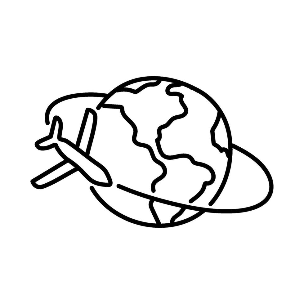 Airplane orbiting earth icon. Hand drawn vector illustration. Editable line stroke.