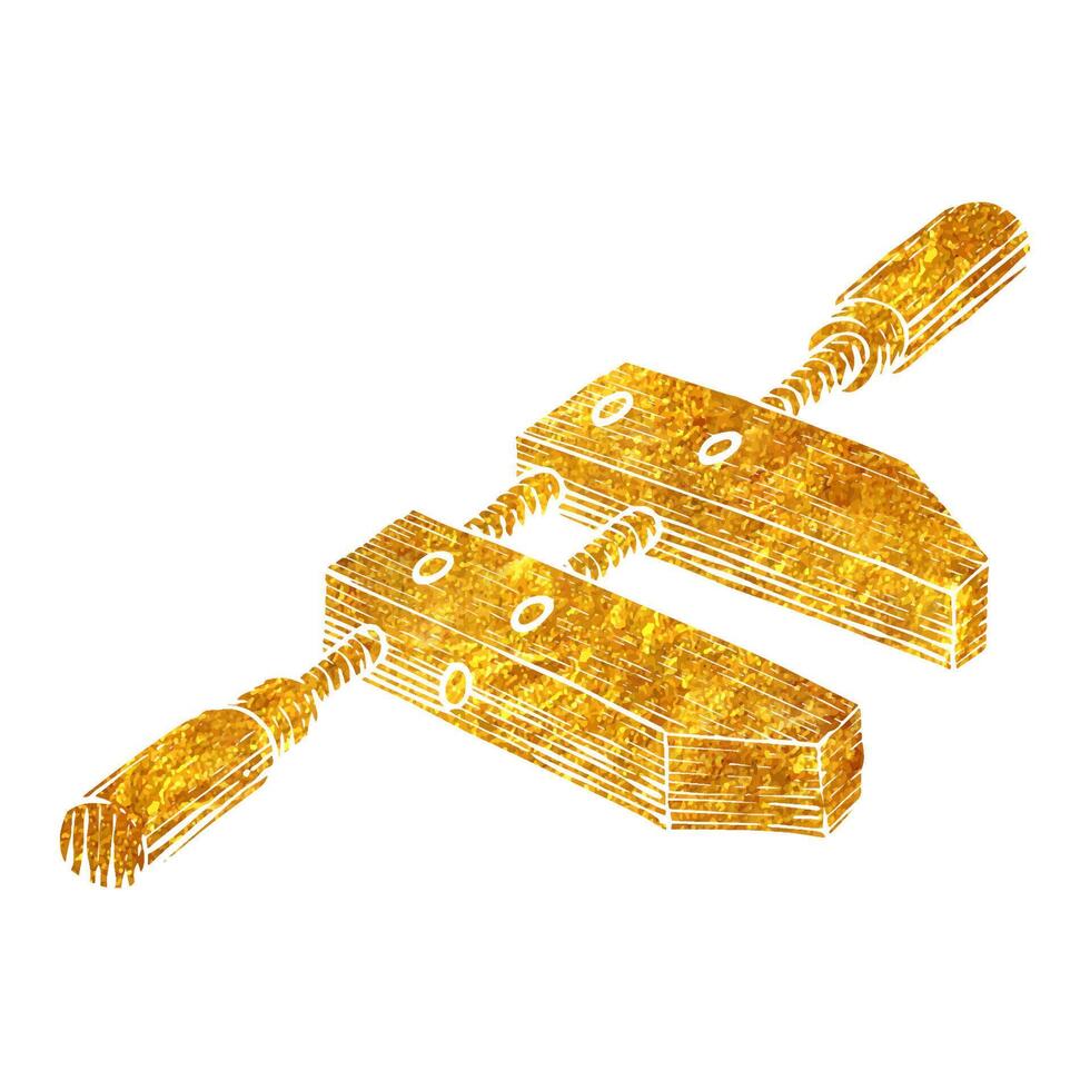 Hand drawn wooden clamp icon woodworking tool in gold foil texture vector illustration