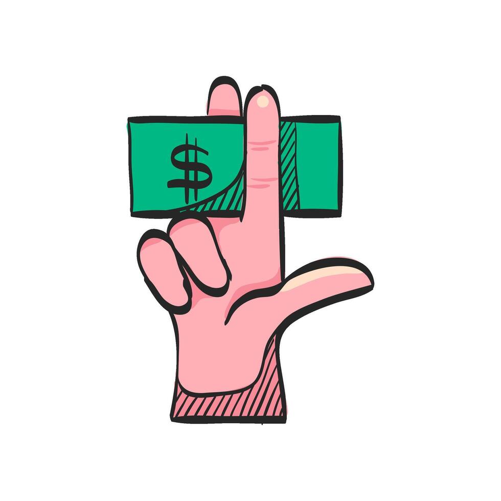 Hand holding money icon in hand drawn color vector illustration