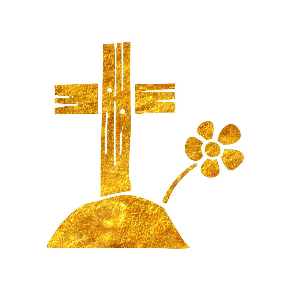 Hand drawn tomb stone icon in gold foil texture vector illustration