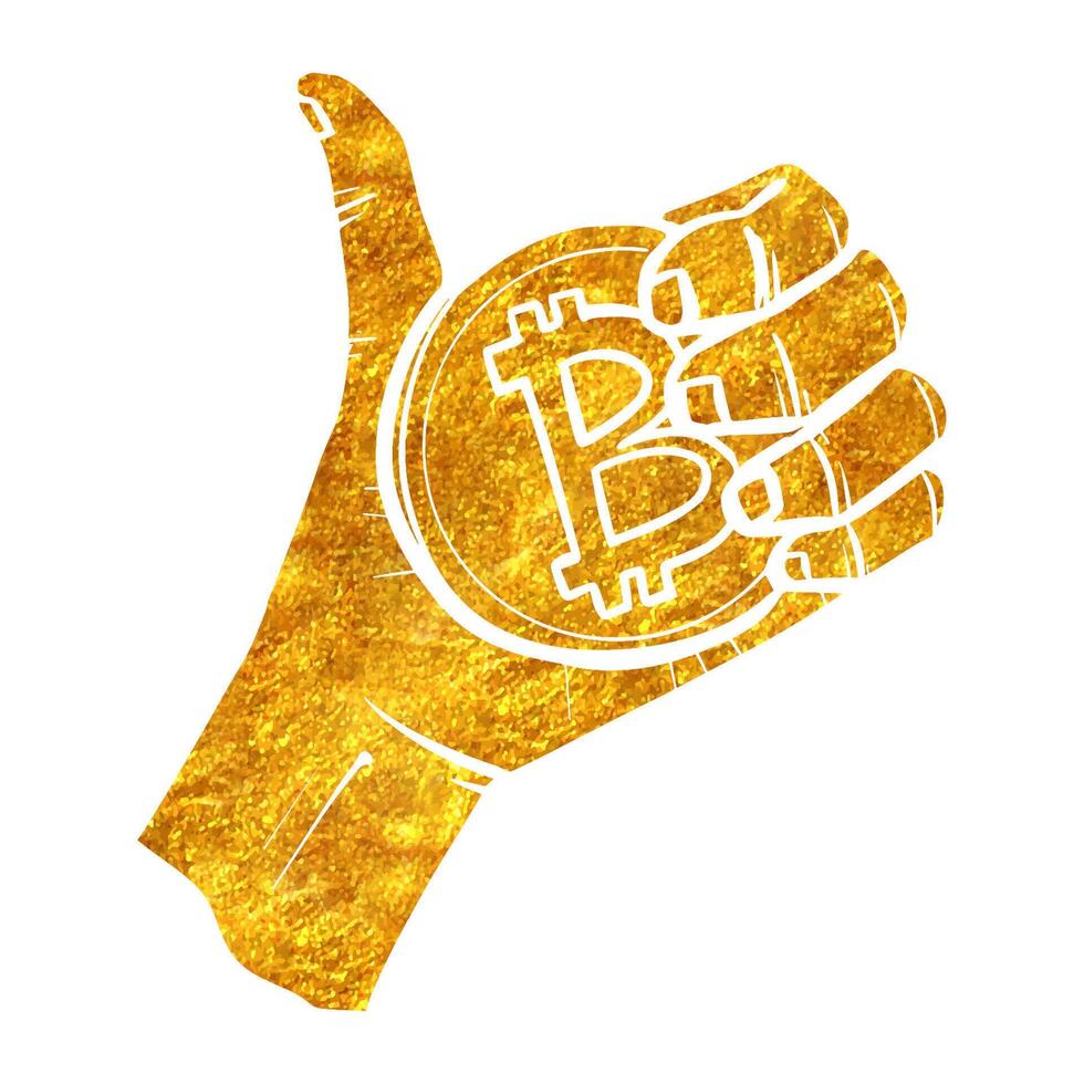 mano participación bitcoin moneda y gesticulando pulgar arriba en oro frustrar textura vector ilustración