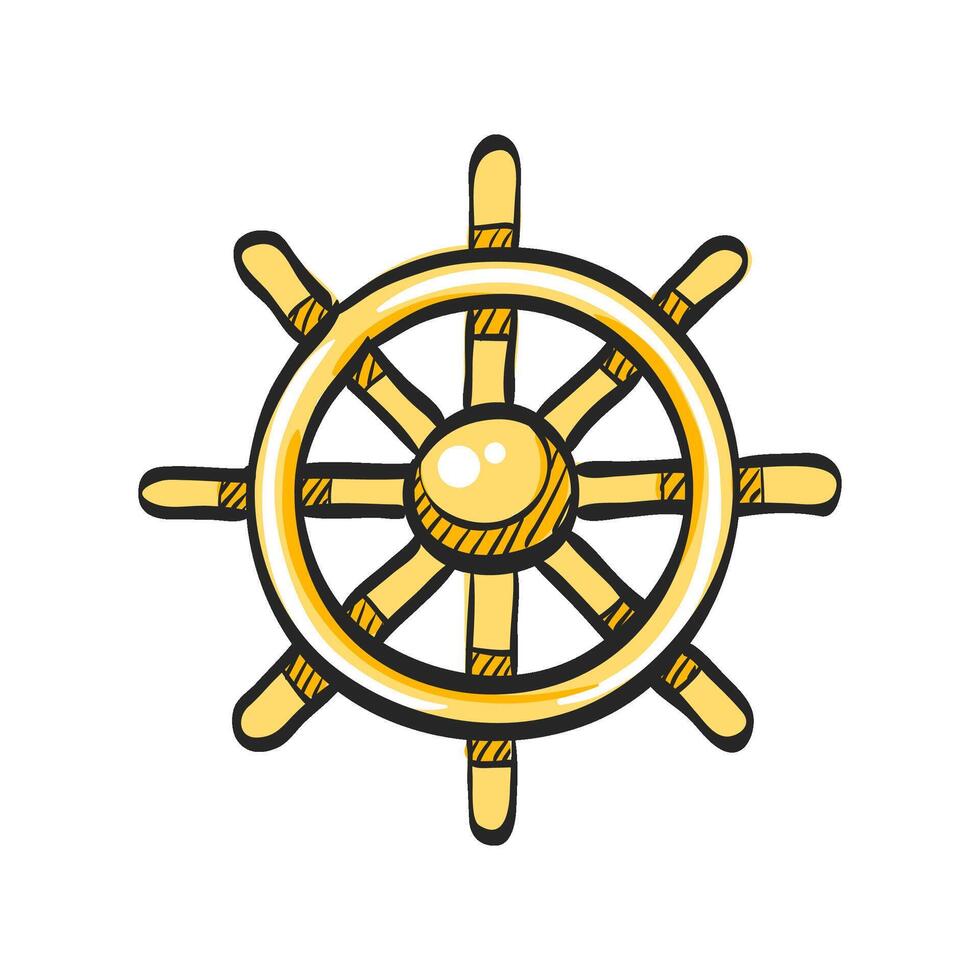 Ship steer wheel icon in hand drawn color vector illustration