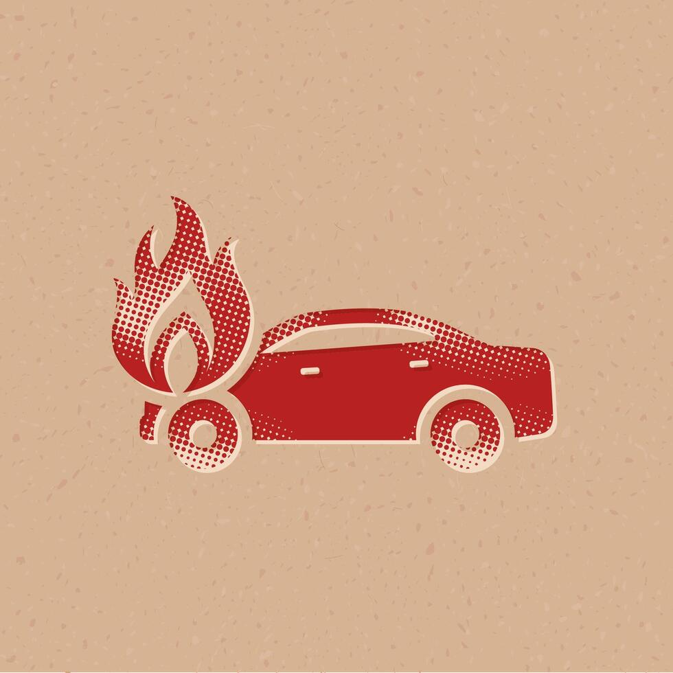 Car on fire halftone style icon with grunge background vector illustration