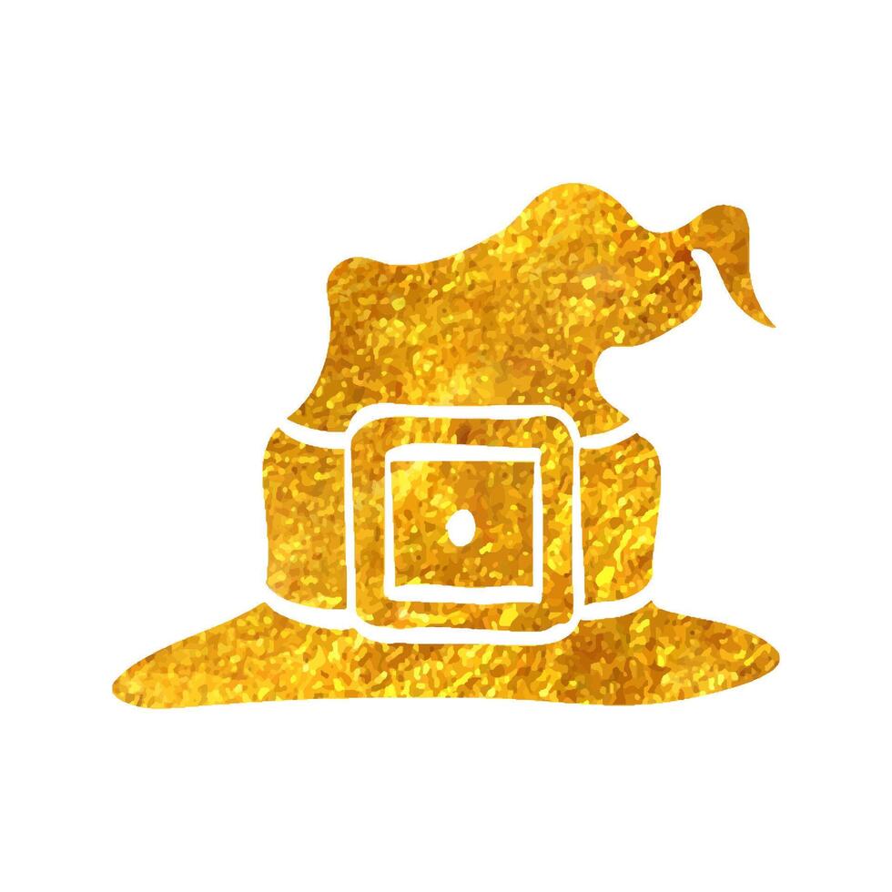 Hand drawn Witch hat icon in gold foil texture vector illustration