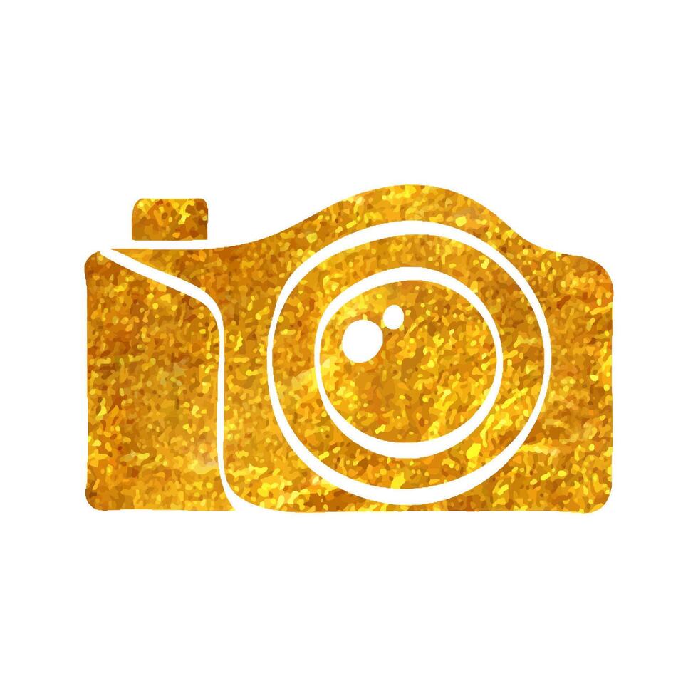 Hand drawn Camera icon in gold foil texture vector illustration